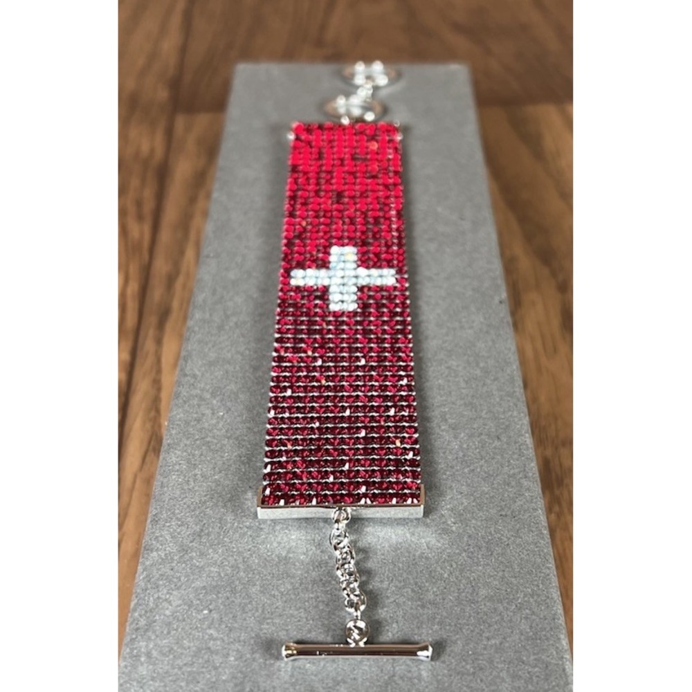 Rare David Swarovski Red Crystal Leather Bracelet Swiss Flag/Cross